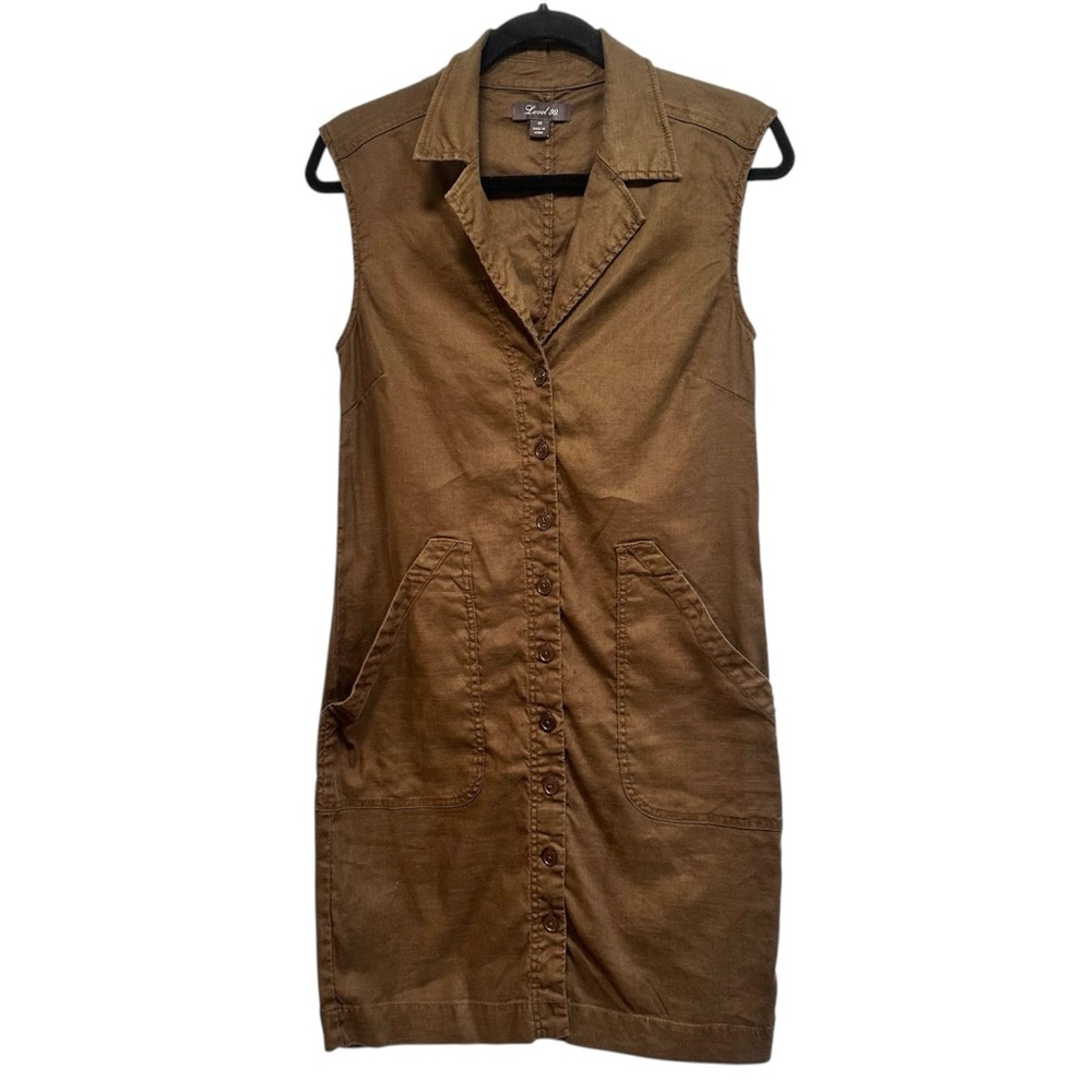 Anthropologie Level 99 sleeveless olive brown button down dress, size Medium